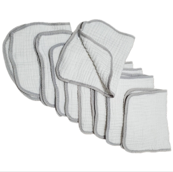 Looxii Baby Muslin White w/Grey Trim Burp 100% Muslin Cloths (Lot of 9) - Picture 1 of 10